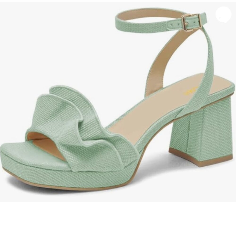 Pazzion Women Platform Square Toe Pleated Ruffle Sandals Chunky High Heels Green